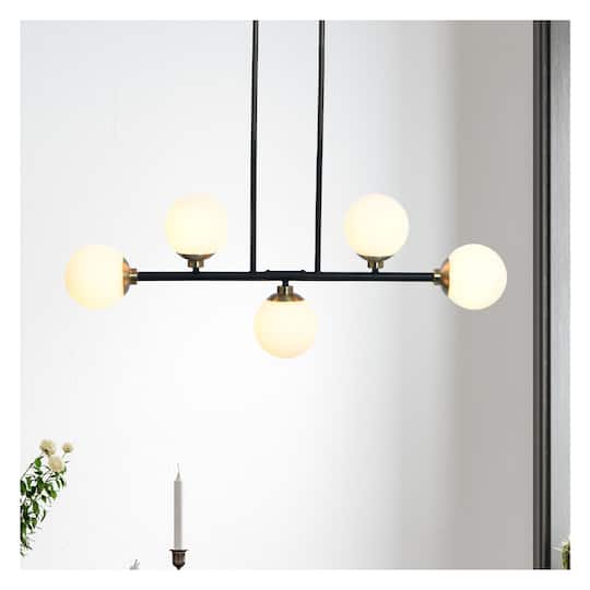 Hello Honey® Robert Stevenson Lighting Lorne Matte Black Metal & Frosted Glass 5-Light Chandelier